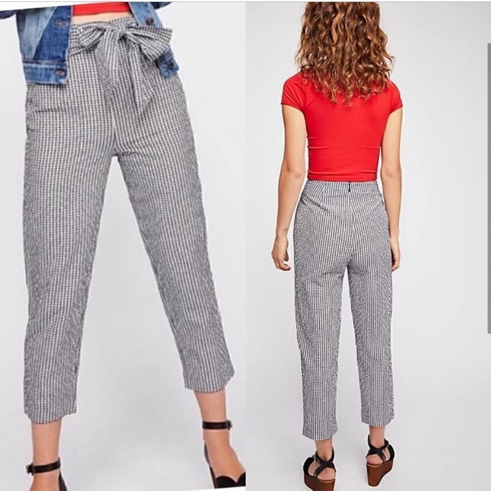 Free People Westside Gingham Seersucker Tie Waist Pant Black White